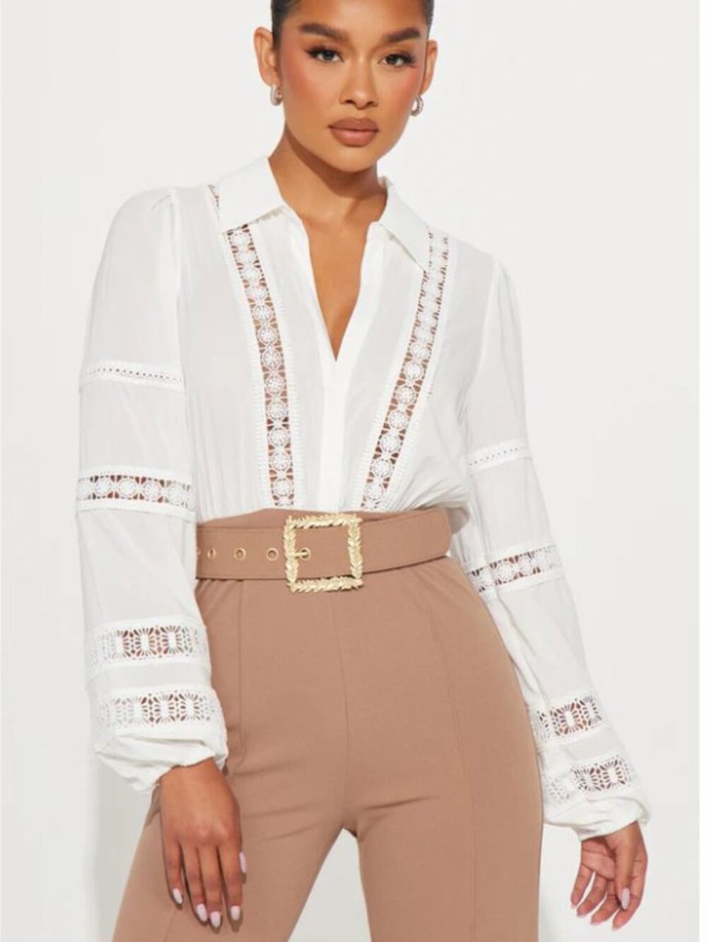 Fashion Nova White Lace Trim Button-Front Jumpsuit, Tan Bottom M NEW WITH TAG